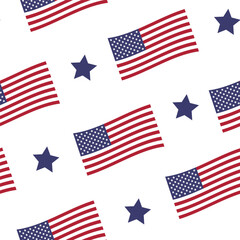 Seamless patriotic pattern with USA flags and blue stars — vector background for 4th of July, Independence Day