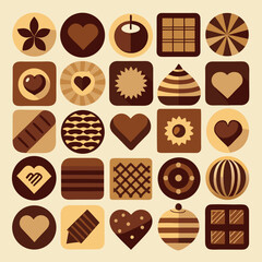 Grid of 20 Chocolate-Themed Icons – Vector Set Featuring Assorted Chocolate Designs Including Bars, Truffles, Cocoa, and Swirls – Minimalist Sweet Treat Illustrations on White

