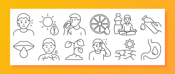 Dehydration and heat exhaustion set icon. Shows sweating faces, sun, citrus hydration, water bottles, meditation, dry lips, weak plants, dizziness, cracked ground, internal stomach dehydration
