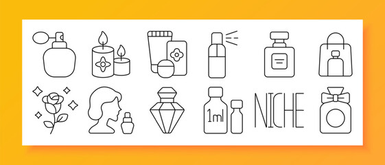 Perfume set icon. Line style icons showing spray bottles, candles, rose, skin products, tester vials, aromatic containers, decorative flacons, scent kits, and stylized niche label