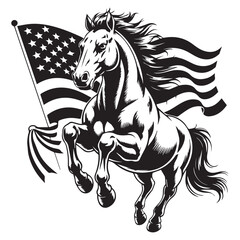 Wild Horse Charging with USA Flag – Bold Black and White Patriotic Vector Art