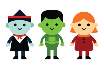 Icon set of kids dressed in costumes for Halloween colorfull Vector illustration