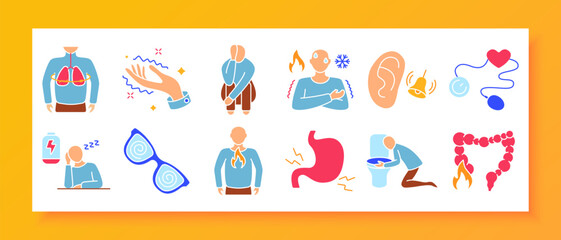 Internal symptoms set icon. Stomach pain, nausea, dizziness, heart rate, skin heat, shaky hands, digestive issues, visual disturbance, chest tightness, and body-based sensory stress visuals.