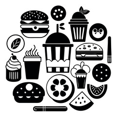 Black and White Illustration of Various Food and Drink Items – Hand-Drawn Minimalist Vector Icons Featuring Snacks, Beverages, Fruits, and Dishes – Isolated Outline Collection