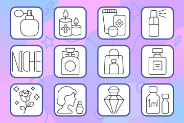 Perfumery set icon. Spray, candles, skincare, gift bottle, tester, niche market, packaging, cosmetics, rose, woman, elegance.