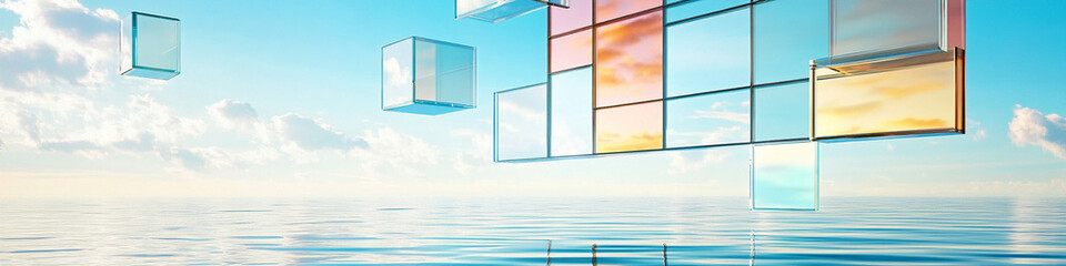 Minimalist stained Greek glass with floating achromic mirror shards