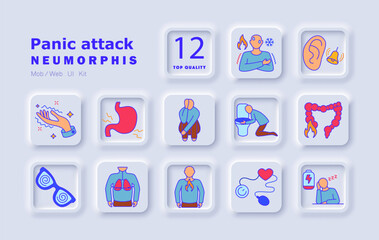 Panic attack set icon. Shortness of breath, dizziness, fear, nausea, stomach discomfort, bowel issues, chest pressure, racing heart, blurred vision, trembling, exhaustion, hypersensitivity.