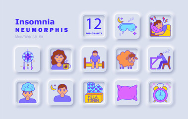 Insomnia set icon. Displays pillow, sleep mask, alarm clock, drowsy face, melatonin, caffeine mug, moon with person, sleeping at desk, counting sheep, restless sleep, bed sitting, dreamcatcher