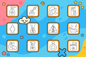 Aromatherapy set icon. Soap dispenser, oil dropper, woman sniffing scent, spray can, car freshener, aroma sticks, fragrance pyramid, relaxing chair, hand spray, room spray, perfume bottle, candle