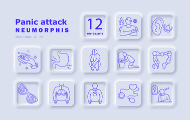 Panic attack set icon. Shortness of breath, dizziness, fear, nausea, stomach discomfort, bowel issues, chest pressure, racing heart, blurred vision, trembling, exhaustion, hypersensitivity.