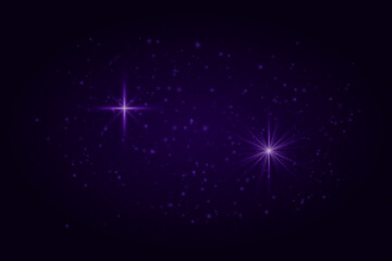 Soft purple sparkles and glowing star flares with particles. Light effects on transparent dark background for festive scenes.