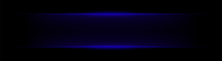 Fototapeta premium Rectangular neon frame with horizontal light edges and soft glow. Symmetrical bright border forming digital interface effect on dark background.