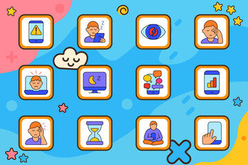 Digital fatigue set icon. Smartphone warning, falling asleep on screen, eye pain, rubbing face, laptop stress, night screen, mobile overload, 