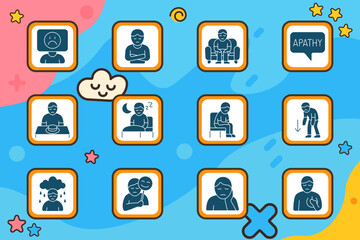 Depression icon. Sad head, crossed arms, sitting on couch, apathy speech bubble, loss of appetite, sleep problem, fatigue on chair, emotional slump, crying cloud, fake smile, tired woman, chest pain