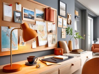 Cozy workspace with organizing board, maps, and planning essentials