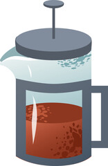 A French coffee press with brewed coffee inside. The press has a glass body and a metal lid with a plunger