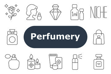 Perfumery set icon. Shows shopping bag, spray bottle, rose scent, profile with perfume, gem bottle, milliliter jars, atomizer, bow bottle, niche label, square bottle, product box, scented candles