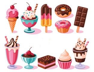 Colorful assortment of desserts including ice cream, donuts, sundaes, popsicles, cupcakes, brownies, and sweet treats on white background