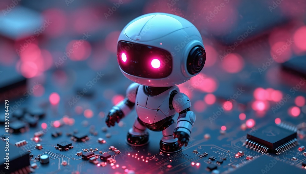 Poster futuristic ai chatbot illustration on circuit board. cute robot concept with glowing eyes. tech, inn