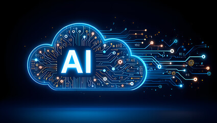 Digital cloud with ai symbol and circuitry on dark background