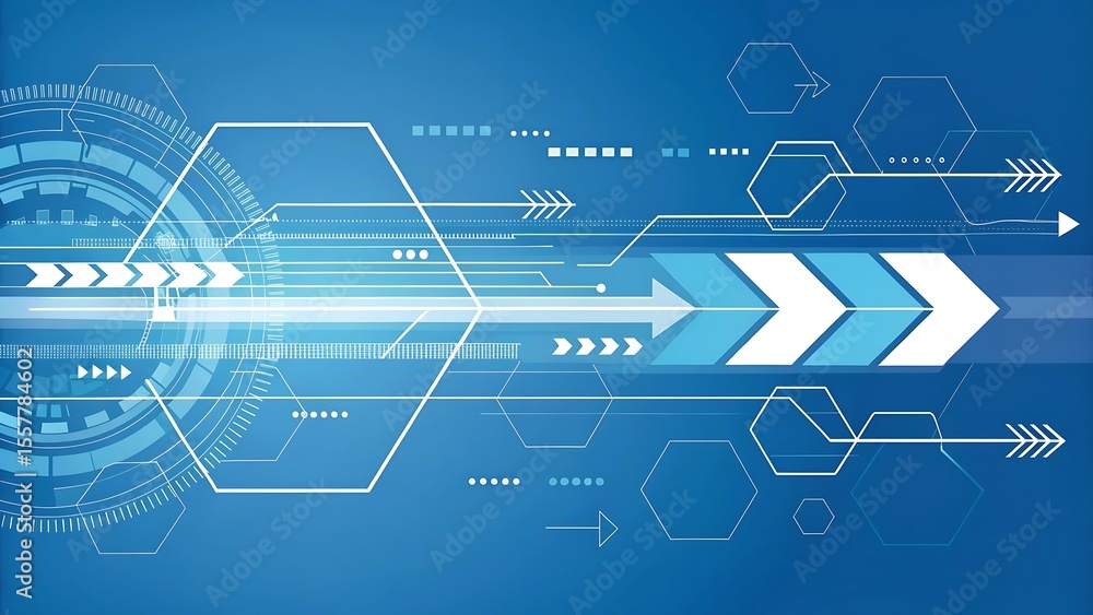 Aufkleber a dynamic arrow design on a blue background symbolizes technological progress and innovation.