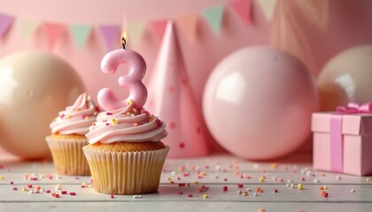 Birthday cupcake with number three candle. Pink decorations balloons, party hat and gift. Happy birthday to three years old girl. Celebration, joy, festive event.