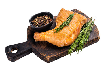 Smoked chicken leg, cooked poultry meat dinner isolated on white background. top view