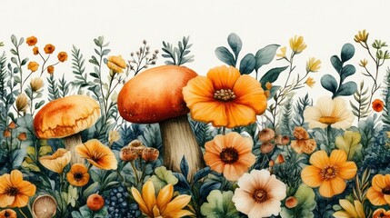 Autumnal forest border with mushrooms and flowers
