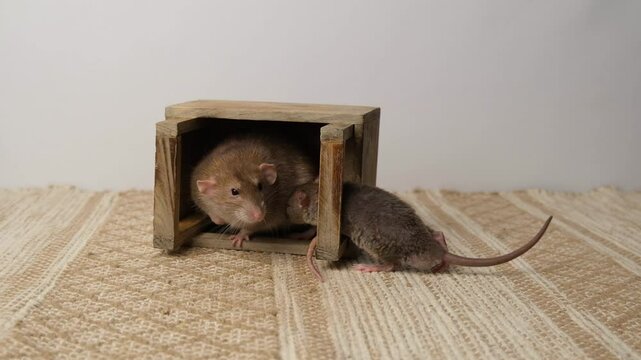 A  brown rat in a wooden box.