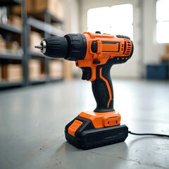 Modern cordless drill rests on concrete floor in clean workshop. Orange, black power tool. Electric screwdriver for construction repair work in garage. Pro instrument for DIY, home improvement.