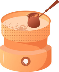 Copper cezves in the hot sand. Preparation of traditional Turkish coffee. Vector illustration isolated on a white background.