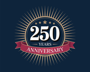 Elegant 250 Years Anniversary Emblem with Radiant Sunburst, Red Ribbon Banner, and Golden Highlights on Dark Blue Background