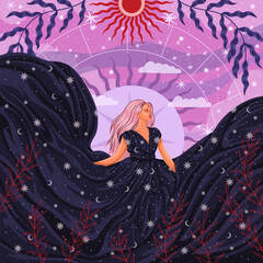 modern illustration in boho country style with elements of astrology and tarot. female character and constellations