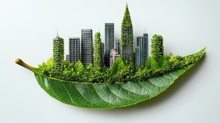 Cityscape nestled within a vibrant green leaf.