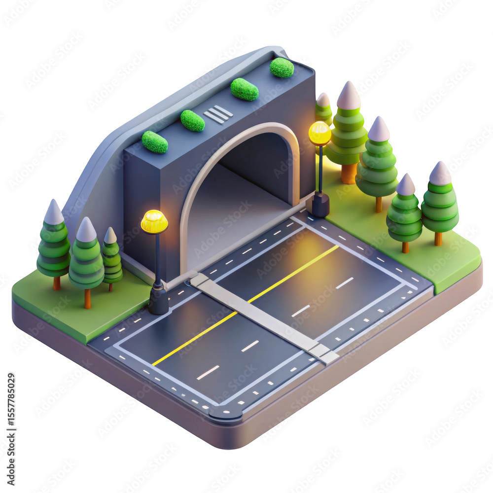 Poster 3d isometric tunnel entrance with road and trees isolated on transparent background