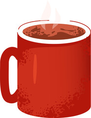 A red mug filled with a hot drink with steam rising from the top