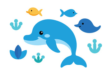 Obraz premium Sea world icon set with cute dolphins and whales colorfull Vector illustration