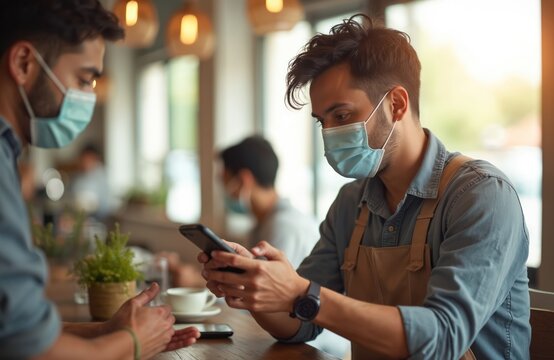Man wearing medical face mask pays cafe bill smartphone. Contactless payment via mobile phone during pandemic restrictions. Safe digital transaction in restaurant. Modern tech for shopping, services.