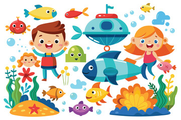 Obraz premium A fun vector set of funny cartoon sea animals, fishes, and other animals for children's designs