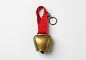 Antique brass cowbell keychain with red ribbon and metal ring