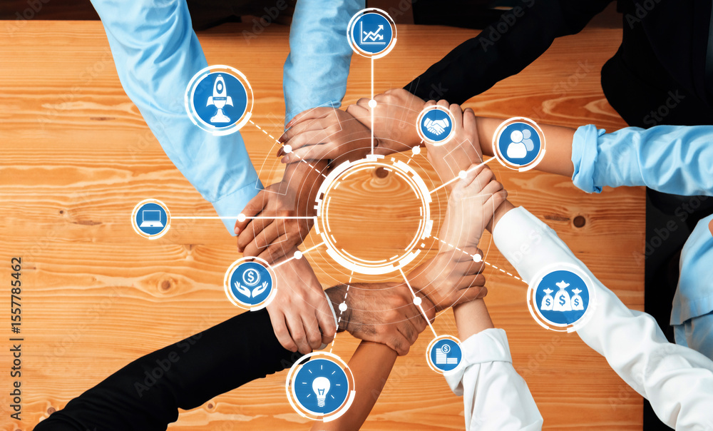 Poster a captivating image showcasing diverse hands joining in unity over a table, symbolizing collaboratio