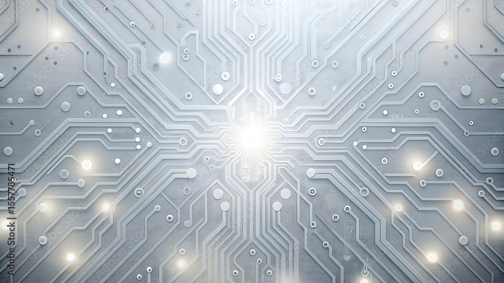 Poster glowing lights illuminate a metallic circuit board background, creating an abstract pattern of lines