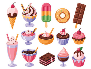 Colorful collection of ice cream, popsicles, donuts, chocolate bars, milkshakes, and cupcakes on white background for dessert concepts