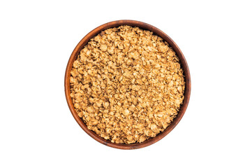 Healthy buckwheat flakes in a bowl isolated on white background. top view