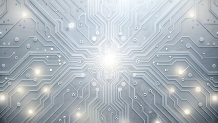 Glowing lights illuminate a metallic circuit board background, creating an abstract pattern of lines and connections.
