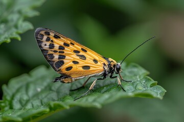 Fototapeta premium Close-up of a vibrant orange and black-spotted butterfly resting on a green leaf.