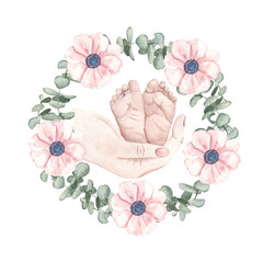 Baby shower watercolor composition. Newborn Baby feet in Mother Hands inside of anemone and eucalyptus wreath. Hand drawn illustration for gender reveal party, Mother's day cards and invitations.