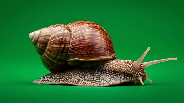A snail with a brown striped shell rests against a solid green background