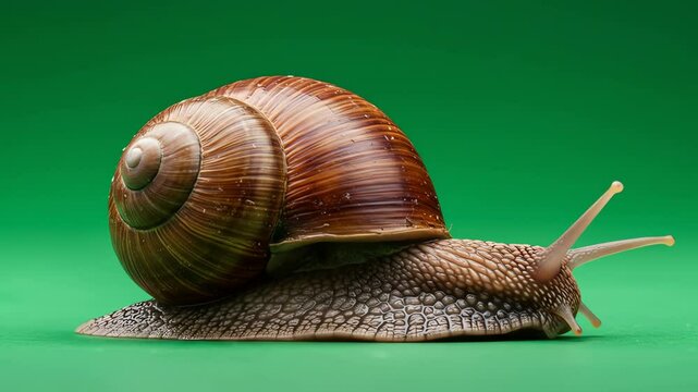 A snail featuring a prominent brown shell and antennae set against a vivid green backdrop
