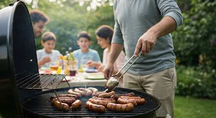 Father grilling sausages on a barbecue while others set the table